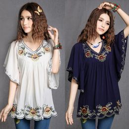 Vrouwen katoenen tops kleding vintage Mexicaans etnisch bloemen borduurwerk Batwing losse casual Boho Tunic Blouse Blusa Mujer 240412