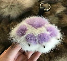 Mujeres creativas piel de visón real gato pata llavero lindo bolso encanto adornos suave pompón peluche lindo oso garra llavero llave del coche colgante H6101484