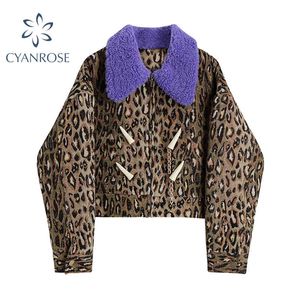 Dames Gewas Streetwear Jasje Leopard Spliced ​​Paars Wol Bont Mode Winterjas Vrouwelijke Vintage Club Double Breasted Uitloper 210417