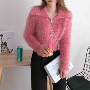 Femmes Crop Pull Printemps Automne Mince Turn Down Col Simple Boutonnage Rose Tricot Cardigan Dames Fluffy Manteau 210525