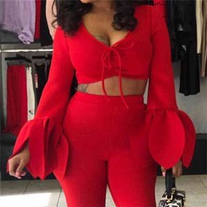 Femmes Crop Tops Blouse Chemise Rouge À Manches Longues Slim avec Feuilles Col V Lady Mode Casual Sexy Femme Blusa Summer Night Clubwear 210416