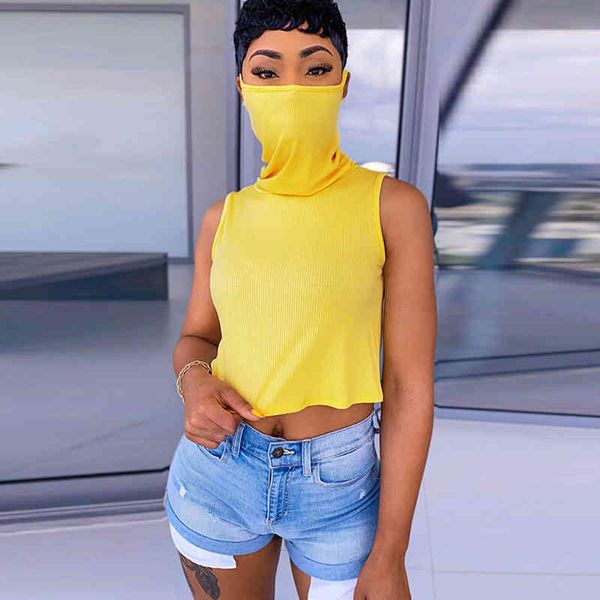 Femmes Crop Tops Summer Solid avec Earloop Veil Patchwork O-Cou sans manches Slim Gilet Casual Protection solaire anti-poussière Débardeurs 210507