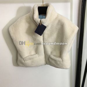 Gilet court en peluche pour femmes, lettres en relief, gilets chauds, col zippé, manteau en laine d'agneau, manteau de styliste sans manches