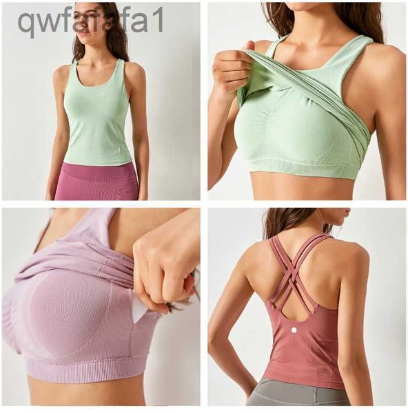 Camisetas de trabajo de entrenamiento de fitness femeninos con chaleco deportivo a prueba de choque de sujetadores incorporado para camisas de gimnasio de yoga corriendo H4NV