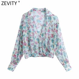 Femmes Cross V Col Floral Print Mousseline de mousseline de mousseline courte Blouse Femme Manches longues Kimono Chemises Chic Crop Blusas Tops LS9250 210416