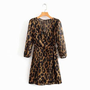 Dames Cross V-hals Luipaard Print Boog Gebonden Kimono Jurk Dames Drie Kwart Mouw Vestidos Chique Chiffon Jurken DS3345 210603