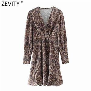 Mujeres Cruz V Cuello Serpiente Piel Impresión Pliegues Recto Chic Puff Manga Kimono Vestido Mujer Vestido Casual DS4975 210416