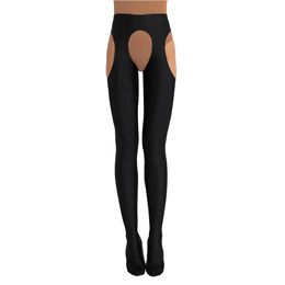 Vrouwen Kruisloze panty -nachtwear Sexy Hollow Out Tight Leggings Sissy Open Crotch Body Kousen broek Porno Lingerie 240408