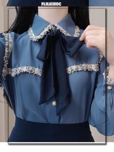 Dames Schattig Strikje Lint Tops Preppy Stijl Vintage Japan Korea Design Knop Elegant Formeel Wit Blauw Shirts Blouses 2409 240327
