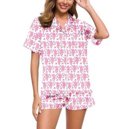 Vrouwen schattige cartoon konijn print satijnen pyjams set zomer slaapkleding 2 -delige sets korte mouw button up shirtshorts y2k homewear 240426