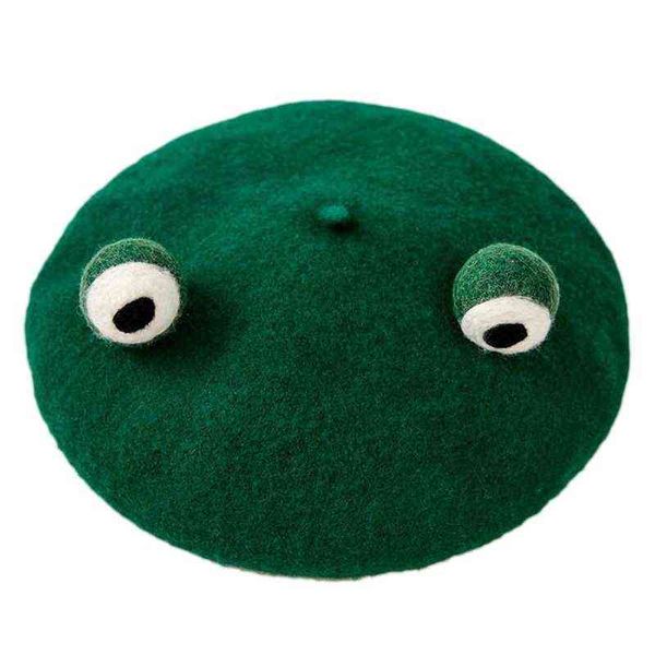 Femmes Mignon Vert Grenouille Yeux Béret Cap Hiver Chaud Faux Laine Kawaii Vintage Artiste Peintre Bonnet Chapeau Cosplay Chapeaux Cadeaux J220722