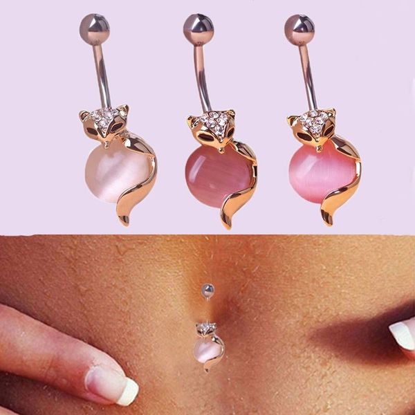 Mujeres lindo Sexy Crystal Fox Dangle Pink Belly Button Bar Anillo para el ombligo Acero quirúrgico Piercing para el cuerpo Forma de ópalo Regalos de joyería