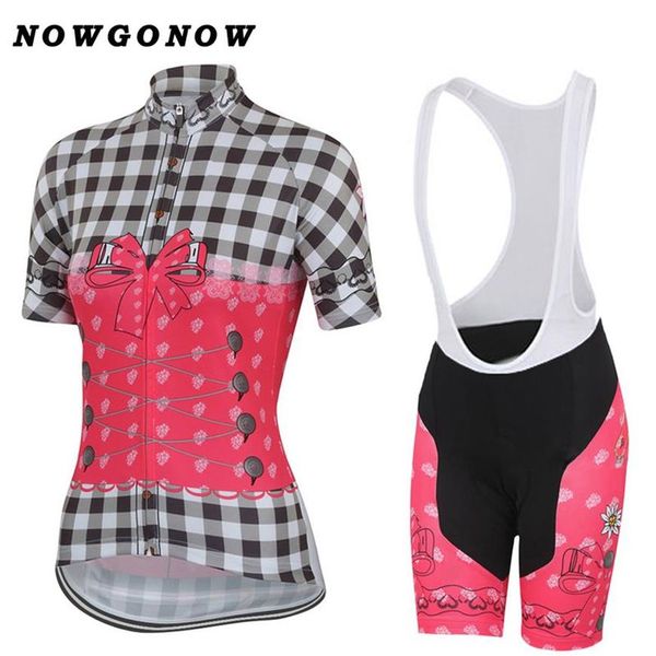 Maillot de cyclisme femme ensemble jolies fleurs grille rose vêtements vêtements de vélo fille dame pro route montagne Triathlon NOWGONOW gel pad bavoir sh301e