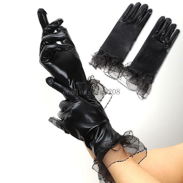 Gants de spectacle de danse pour femmes, en cuir verni, mitaines extensibles en dentelle, fournitures décoratives Punk noires, Cosplay Sexy