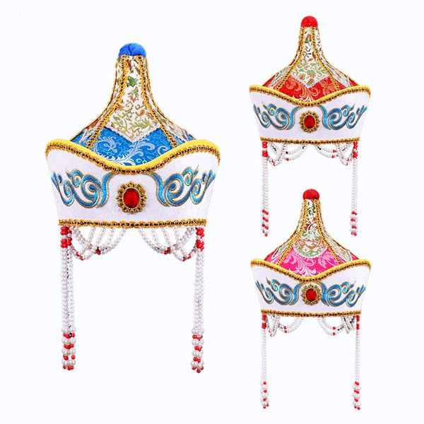Chapeau mongol rouge pour femmes, magnifique accessoire de costume mongol, casquette de mariée de mariage, couvre-chef de princesse cosplay