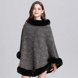 Mujeres Dark Gris a cuadros a cuadros Cape Poncho Overcoat Invierno Fox Fox