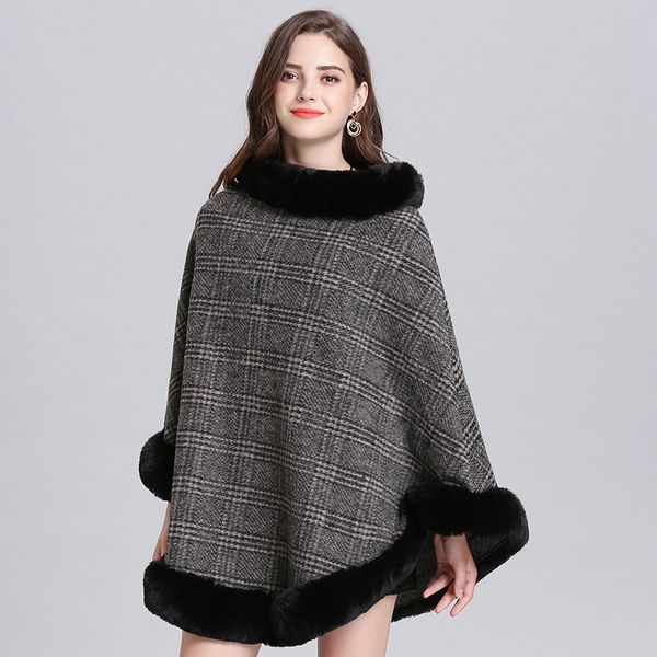 Femmes Gris foncé à rayures à rayures Cape Poncho Perceau d'hiver Faux Fox Fur Out Street Wear Tri tricot surdimensiant Pullover Fur Châle de châle