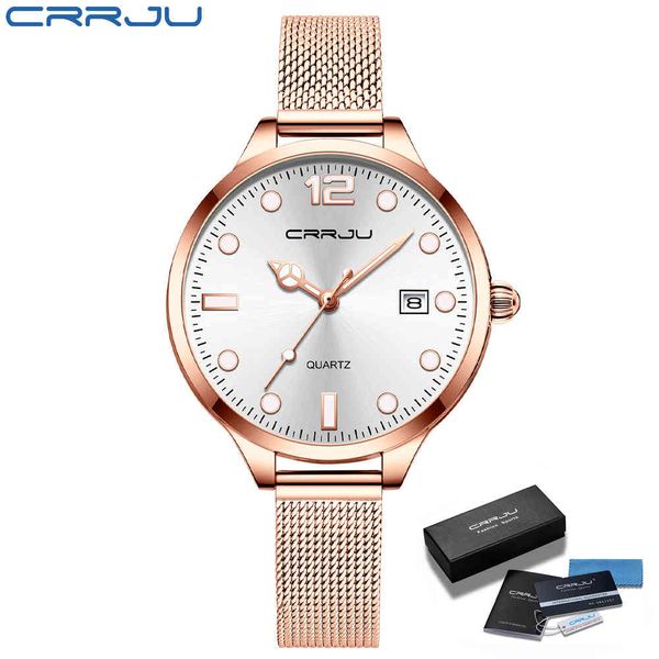 Femmes Dark Light Watch CRRJU Mode Femme Big Face Quartz Montre-bracelet étanche Rose Gold Mesh Dames Montre Relogio Feminino 210517