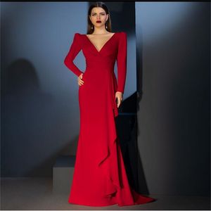 Femmes rouge foncé robes de soirée longue élégante une ligne Double col en V volants Satin robe de soirée formelle à manches longues robe de bal