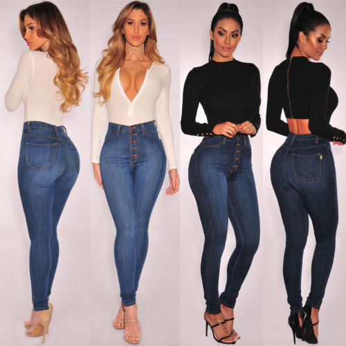 Damen-Jeans, Damen-Jeans, Denim, Knopfleiste, hohe Taille, schmal, Damen, blau, schmal, Stretch, lässig, lang