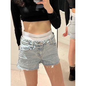 Mujer Denim moda breve capa Jean Shorts azul señoras elástico adornado cintura mirando por encima de la parte superior