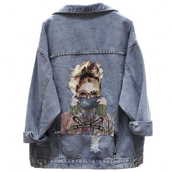 Femmes Denim Veste De Mode Streetwear Lettre Élégant Chic Imprimé Trous Déchirés Jean Patchwork BF Style Jeans Femme Manteau 211112