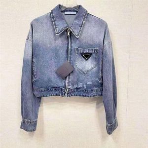 Vrouwen denim jassen slanke stijl in parka's voor dame met letter ritsen ritsen knop budge lente herfst jas jas mode jas denims lange mouwen korte lagen s-l