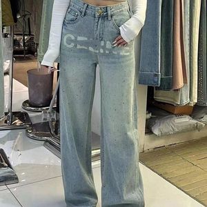 Vrouwen denim jeans logo brief print luxe strass diamanten gepatchte los brede been hoge taille lange esider broek broek broek smlxl