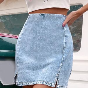 Dames Denim Mini Rok Hoge Taille Split Solid Rokken voor meisjes All-match Simple Casual Sexy Summer Mode Dames Bottom 210518