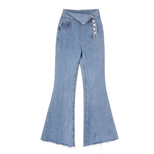 Femmes Denim Pantalon Flare Bouton Pleine Longueur Casual Asymétrique Bleu P0036 210514