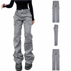 Pantalones de mezclilla para mujer Color liso Pierna recta Bolsillos múltiples Lg Jeans Ladies Street Wear Jeans Pantalones E9XE #