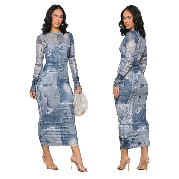 Robe en Denim imprimée pour femmes, Slim, décontractée, col rond, longue, crayon, livraison gratuite