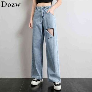 Vrouwen denim scheurde jeans casual volledige broek vintage vriendje stijl holes mode vrouwelijke hoge taille lange broek 210515