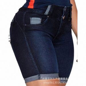 Femmes Denim Shorts 2023 Été Rétro Simple Hanche Levage Couleur Unie Taille Haute Hauteur Serrée Élastique Butt Poches Jeans Pantalon k1sx #