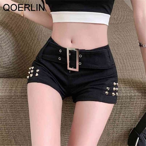 Femmes Denim Shorts D'été Sexy Mode Rivet Coton Taille Basse Discothèque Danse Punk Noir Mini Jeans S-XL 210601