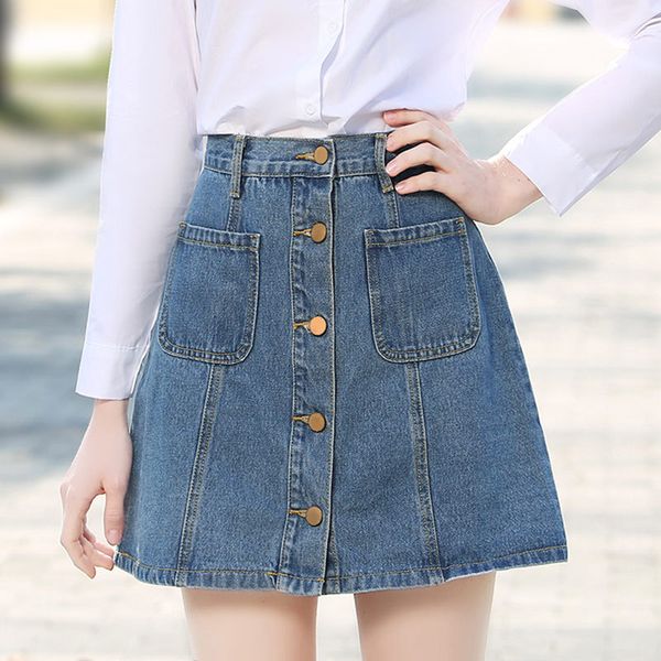 Femmes Denim Jupe Taille Haute A-ligne Mini s Poches À Un Bouton Bleu Jean Filles Jeans 210419
