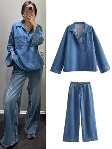 Femmes Denim Ensembles de deux pièces 2024 Sping Summer Blue Blee à manches longues Collier Collier Casual Top Pantal