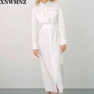 Dames Denim Witte Lange Jurk met Sjerpen Pocket Turn Down Collar Lange Mouw Dames Elegante Maxi Jurk Vestidos Robe Femme 210510