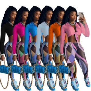 Chándales de mujer Diseñador Impreso Conjunto de dos piezas a juego Camisa de manga larga Turn Down Collar Crop Top Leggings de entrenamiento Ropa 6 colores