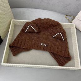 Bonnets de styliste pour femmes, chapeau chaud et mignon, en laine tricotée, oreilles de chat, strass, protection des oreilles, automne et hiver