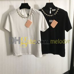 Vrouwenontwerper Black White T Shirts Rhinestone Crew Neck Tees Top Ladies Zomer Casual Letter Pullovers met korte mouwen