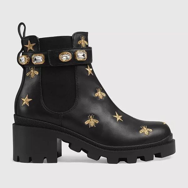 Femmes bottes de créateur désert Martin noir brodé abeille strass talon épais bottines chaussures antidérapantes taille 35-41