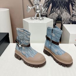 Botas de diseñador para mujer, botines con plataforma y punta redonda, botas Martin de mezclilla azul de combate, zapatos casuales de moda para mujer, botas de motociclista Chelsea de calidad superior