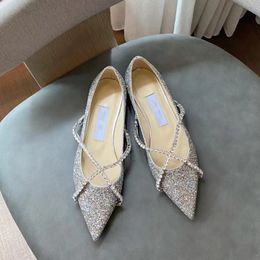Chaussures habillées de créateurs de créateurs Silver Silver Points chaussures plates avec des paillettes de diamant Chaussures en strass