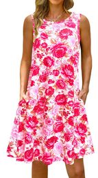 Vrouwen designer jurken casual jurken s-2xl kleurrijk gedrukt o nek lange jurk bohemian mouwloze dames zomers strand zonsondergang pocket shirt verschillende bloemblaadjes