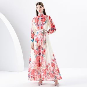 Diseñador de mujeres elegante vestido maxi floral con cinturón primavera otoño diseñador cuello alto con cordones en la cintura vacaciones vestidos bohemios 2023 manga de linterna lindos vestidos de fiesta