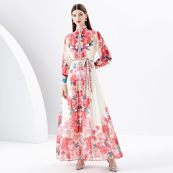 Femmes Designer Élégant Floral Maxi Robe avec Ceinture Printemps Automne Designer Col Montant À Lacets Taille Vacances Robes Bohème 2023 Lanterne Manches Mignonnes Robes De Fête