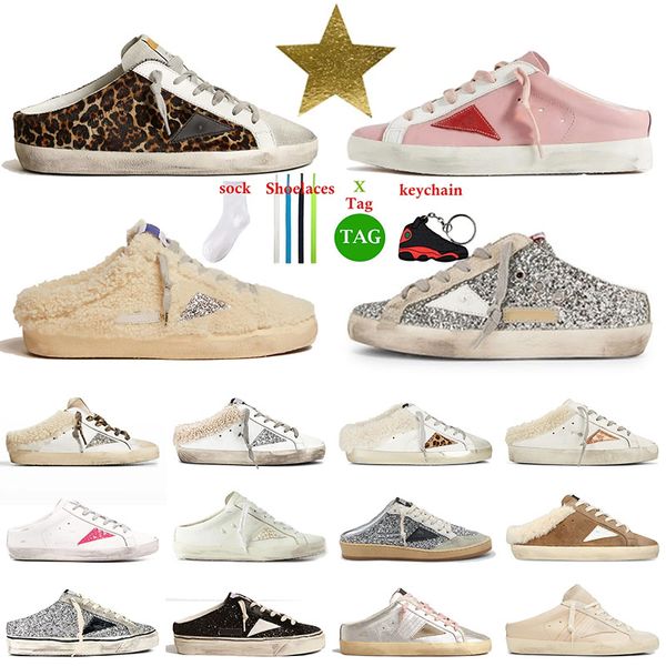 Mujer Diseñador Goldenstar Sabots Zapatillas Zapatos Plataforma de lujo Super estrellas Hombres Dirty Old Zapatillas doradas en cuero de napa Diapositivas de piel de ante Mocasines Zapatillas de deporte Zapato