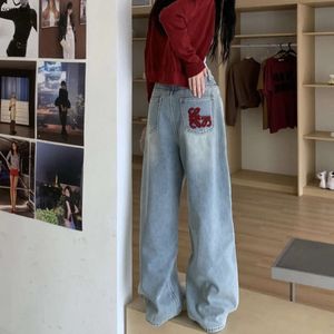 Femmes Designer Jeans Hiver Rouge Broderie Taille Haute Droite Mopping Polaire Épais Denim Pantalon