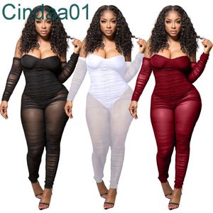 Dames Designer Jumpsuits SIM Sexy Effen Kleur Nachtclub Jarretel Mesh Rompertjes Lange Mouw Leggings Bodysuits 3 Kleuren